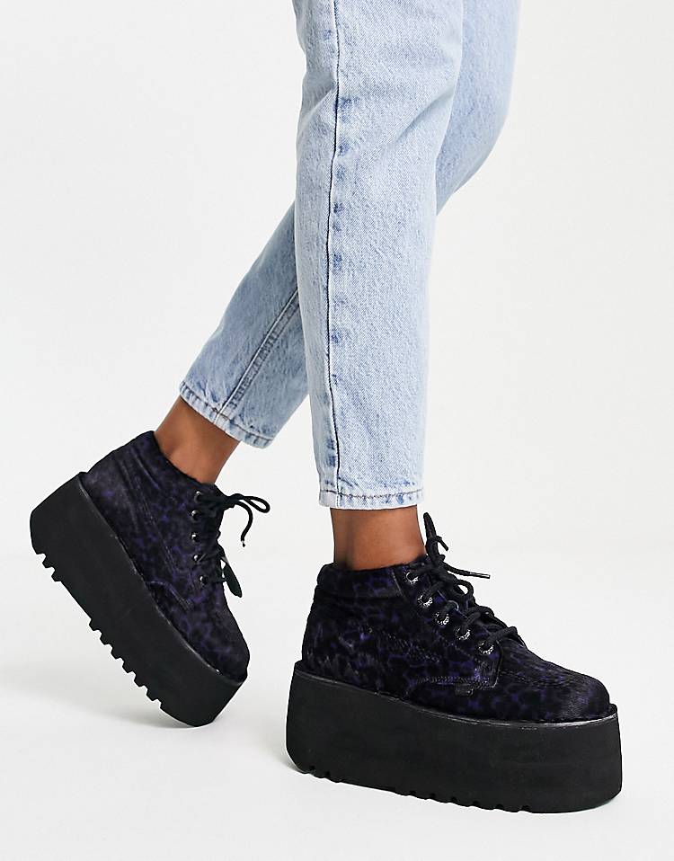 Kickers Exclusive Kick Hi Platform boots in purple leopard print